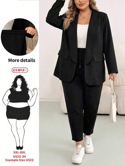 SHEIN CURVE+ Plus Size Women's Autumn And Winter Fashion Casual Loose Comfortable Daily Black Suit Jacket And Leggings Two Pieces Set, Business Casual,Fall Outfits,Work Wear