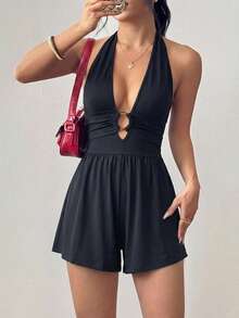 Flirla Women's Casual Deep V-Neck Ruched Romper - Black - View 3