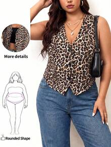 Enliva Plus-Size Leopard Print Lightweight Vest, Women's Office Top, For Apple And Rounded Body Shape - Brown - View 1