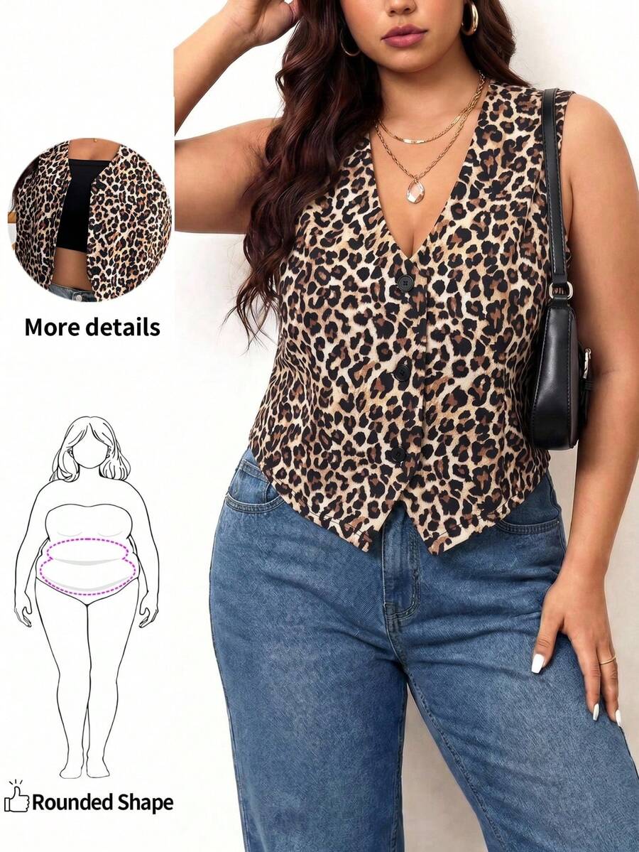 Enliva Plus-Size Leopard Print Lightweight Vest, Women's Office Top, For Apple And Rounded Body Shape - Brown - View 1