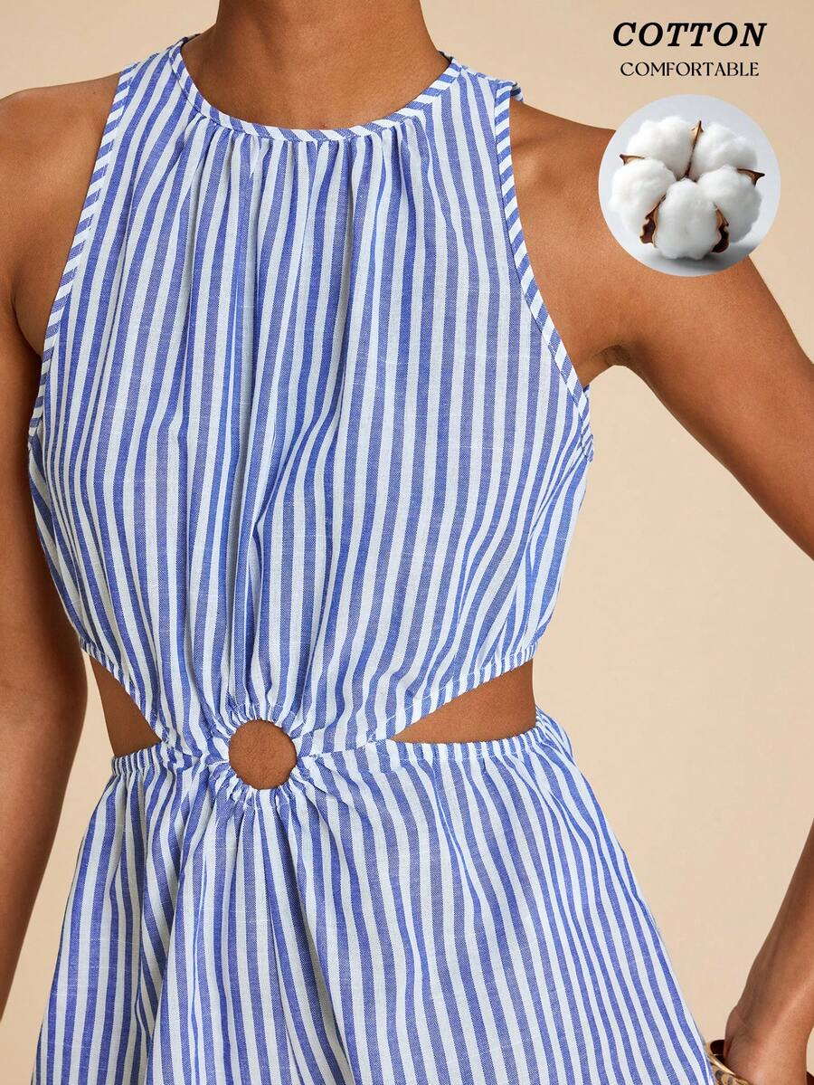 Travachic Bộ jumpsuit nữ không tay, khoét eo, kẻ sọc, thích hợp cho kỳ nghỉ, trang phục mùa hè cho phái nữ, jumpsuit mùa hè. - Xanh và trắng - Xem 1