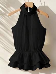 Franclia Women's Shirt With Neck Tie, Ruffle Hem - Black - View 5