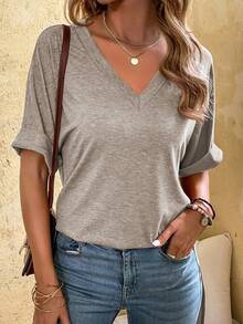 EMERY ROSE Plus Size Women Solid Color Batwing Sleeve Knit T-Shirt Holiday Pastel Summer Smart Casual - Apricot - View 4