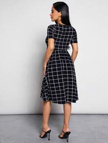 MaterniWear Maternity Grid Print Flare Hem Nursing Dress - Black and White - View 10