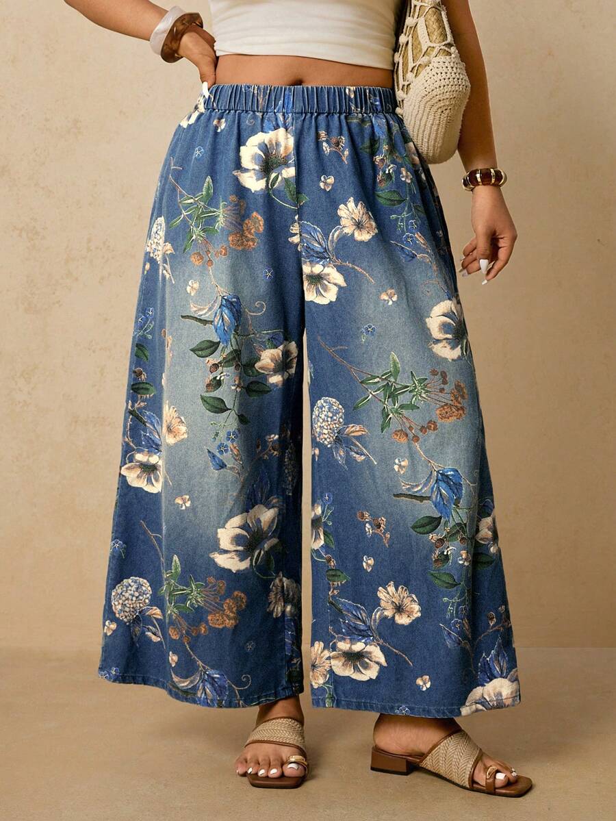 Travachic Plus Size Floral Print Loose Fit Denim Jeans