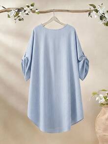 Linhara Plus Size Women's Round Neck Casual Cotton Light Blue Short Sleeve Comfortable Design Blouse,Suitable For Daily, Spring/Summer Formal Vacation - Blue - View 2
