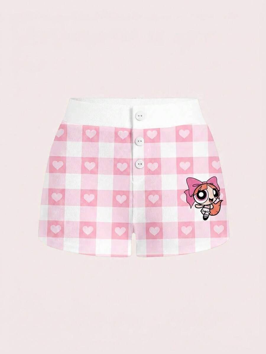 Sweetina THE POWERPUFF GIRLS X SHEIN 女款粉色格紋紋理舒適開衩睡褲,可愛軟妹清新風 Y2K 復古風格,適合四季春夏季,適合西方節日,S 號 - 彩色 - 查看 1