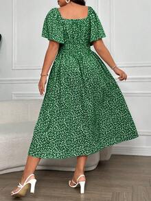 Vionelle Plus Size Women's Ditsy Floral Print Square Collar Buttoned Dress Maxi Women Outfit - Green - View 2