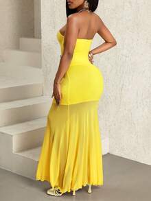 SHEIN BamGlam Summer Women's Beach Casual Vacation Strapless Mesh Patchwork Sheer Dress - Yellow - View 2
