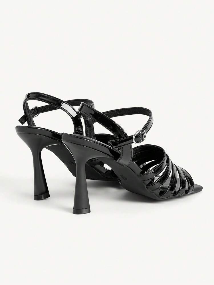 CUCCOO CHICEST Women's High-Heeled Sandals, Glossy Patent Leather Women's Sandals, Simple Black Square Toe, Multi-Layer Thin Horizontal Belt Package On The Forefoot, Metal Round Buckle Adjustment Rear Strap, Thick High-Heeled Stable Model, Daily Commuting/Dating/Light Banquet Versatile Open-Toed Shoes