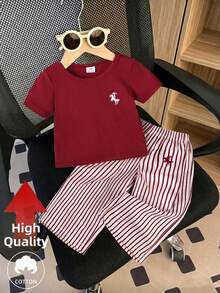 SHEIN 2件組嬰兒女童夏季紅白條紋休閒工作風短袖T恤刺繡裝飾條紋長褲套裝，適合日常上學穿著 - 酒紅色 - 查看 4
