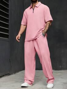 Manfinity Homme Plus Size Men's Zip-Up Half Placket Short Sleeve Polo Shirt And Casual Drawstring Waist Pocket Pants Set - Dusty Pink - View 3