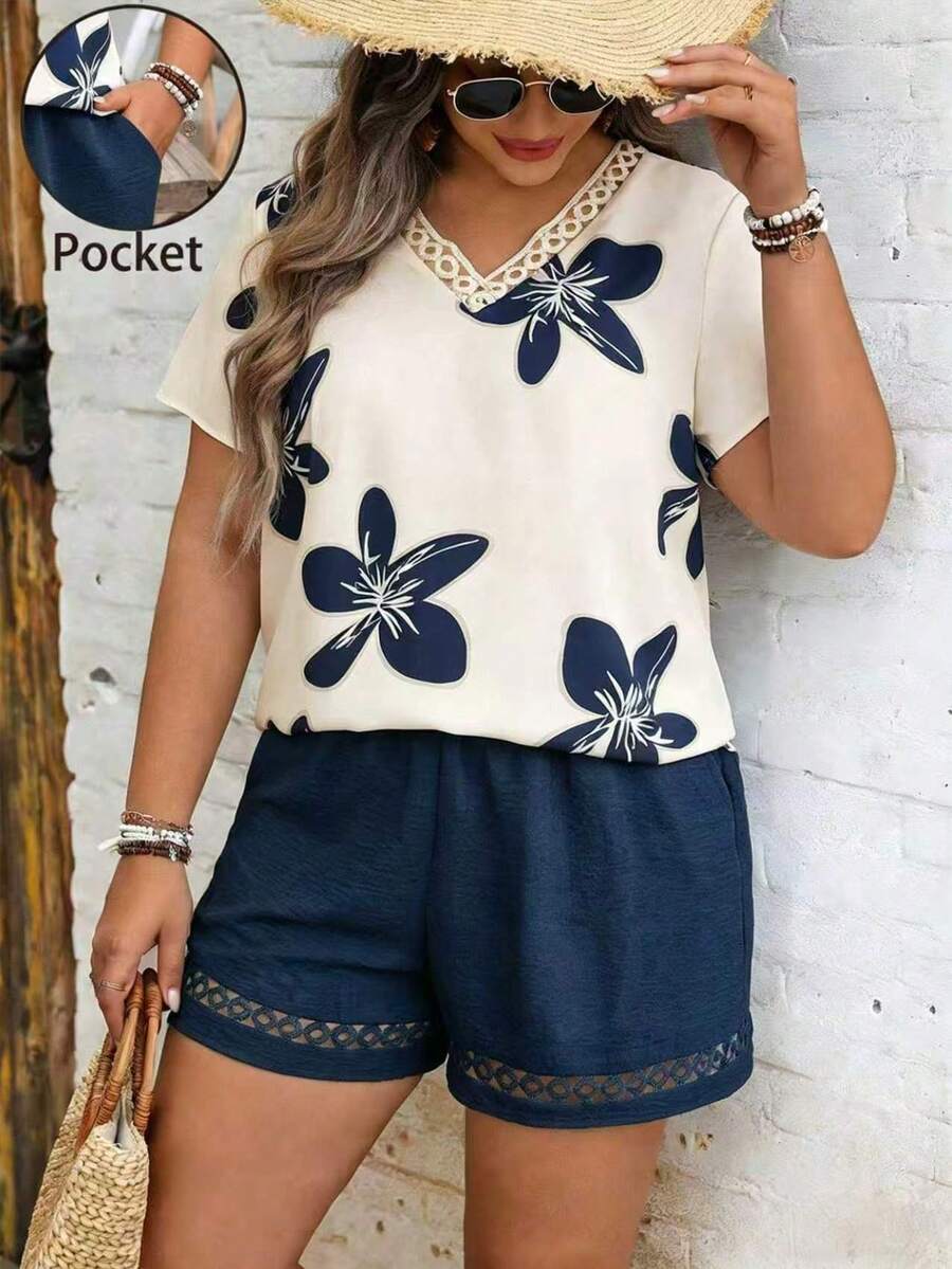 EMERY ROSE Conjunto de talla grande para mujer de unicolor con cuello en V, volantes y mangas cortas, casual, de vacaciones, diario y elegante, para primavera/verano - Azul Marino - Ver 1