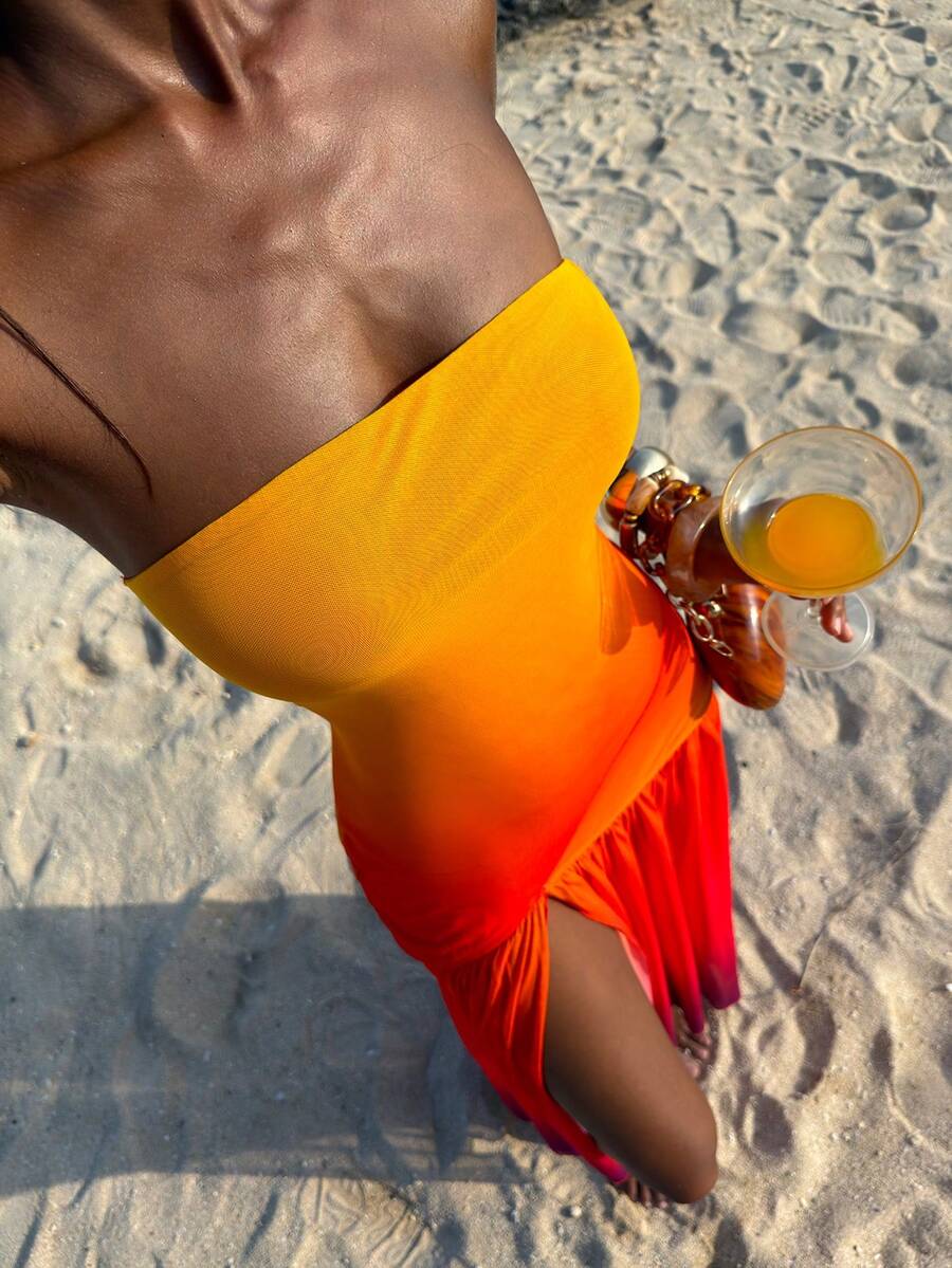 Opulessa Vestido con abertura de estampado degradado de malla de punto para mujer, ideal para vacaciones de primavera/verano - Rojo - Ver 1