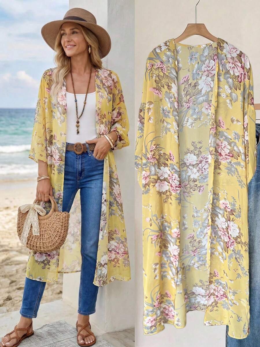 SHEIN LUNE Women's Casual Floral Print Long Regular Fit Jacket, Everyday Wear In Fall/Winter - Yellow - View 1