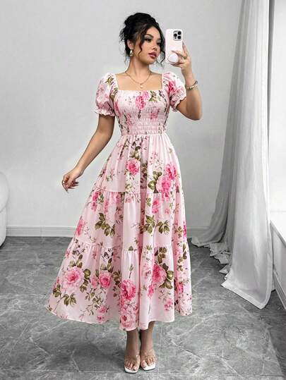 Elenzga Vestido maxi elegante de mujer con cuello cuadrado, mangas cortas plisadas y volantes en el bajo, con pequeñas flores ditsy, adecuado para uso casual diario, trabajo, viajes, playa, estilo bohemio, occidental, festivales de música y campo.