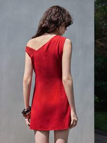 SHEIN Luminelle Đầm ngắn dáng chữ A xếp ly bất đối xứng vai bằng vải lanh màu đỏ mới dành cho nữ mùa xuân/hè. - Đỏ - Xem 2