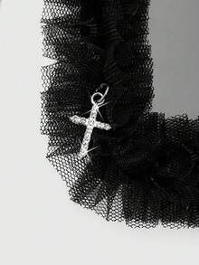 ROMWE Goth 1個Y2k龐克個性化甜酷獨特暗黑風哥德式黑色織帶金屬氣孔眼星形蝴蝶結銀色亮面水鑽十字多重鏤空蕾絲百褶蕾絲黑色壓克力滑動式卡套，身分證卡套，校園卡套，星星卡保護套DIY愛心鑰匙圈包包吊飾，適合上班族、學生、派對女孩、日常穿搭、節日禮物 - 黑色-161 - 查看 7