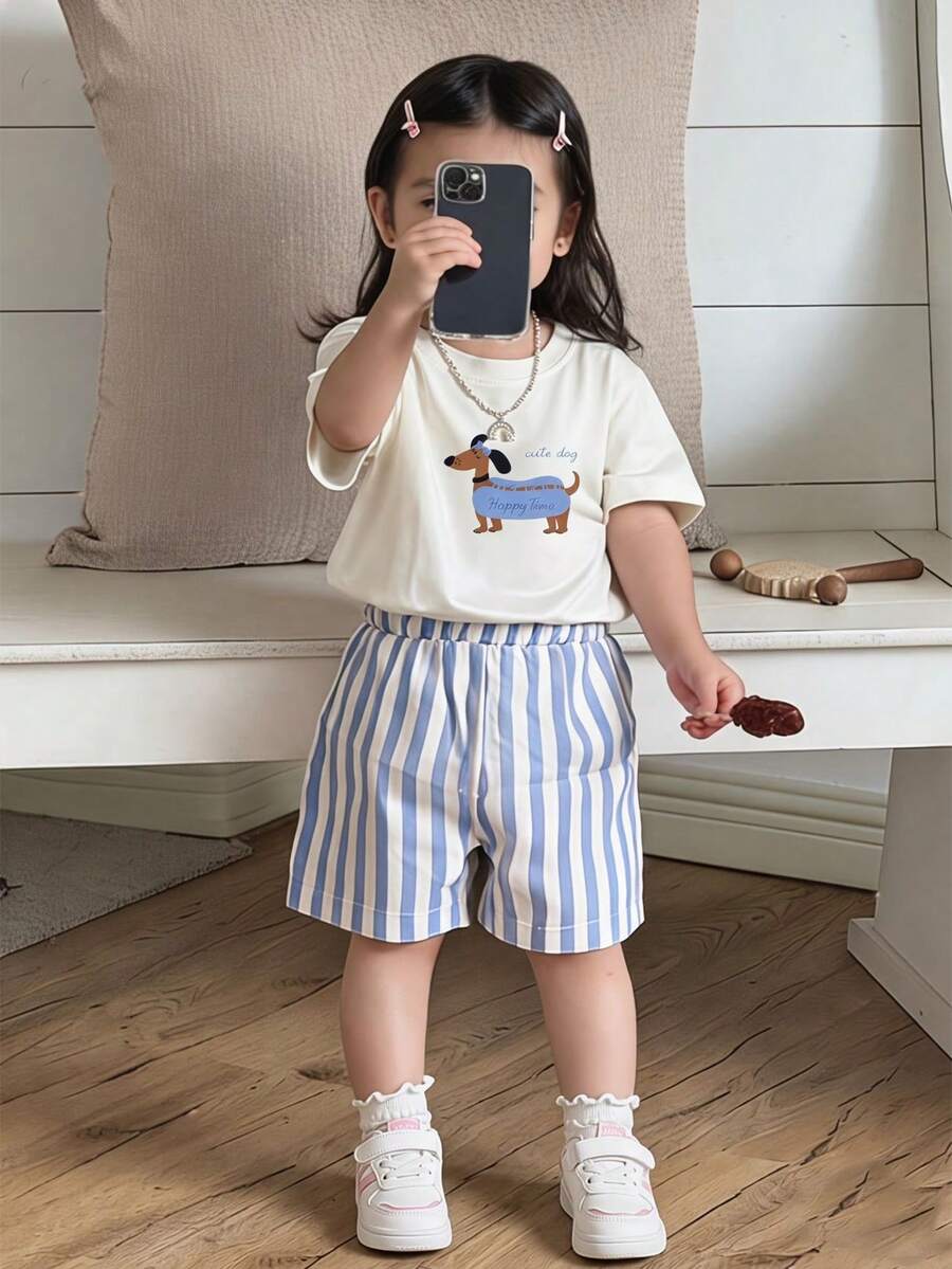 SHEIN 2件套女婴幼儿/新生儿0-3岁春夏休闲日常香肠狗图案圆领T恤+粉色条纹短裤套装 - 深色水洗藍 - 查看 1