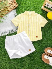 SHEIN 2pcs/Set Baby Boy Comfortable Casual Versatile Yellow Striped Collared Short Sleeve Shirt And White Shorts Set, Suitable For Indoor, Outdoor, Daily, Sports, Play, Party, Photo Shoot, Holiday, Festival - Yellow - View 4