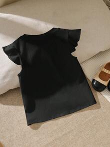 SHEIN Camiseta casual holgada para niña con cuello redondo y dobladillo con volantes de unicolor - Negro - Ver 2