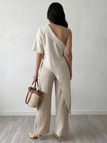 Elenzga Blusa feminina com detalhe de fivela metálica no ombro - Damasco - Ver 2