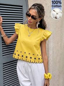 Serisse Women's Round Neck Floral Print Cap Sleeve Blouse - Yellow - View 7