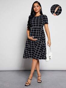 MaterniWear Maternity Grid Print Flare Hem Nursing Dress - Black and White - View 5