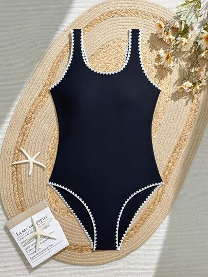Black One-Piece Swimsuit For Teen Girls, Black Nylon Fabric, White Floral Straps And Leg Cuffs, Fashionable Resort Style, Suitable For Summer Beach, Swimming, Hot Spring, Summer