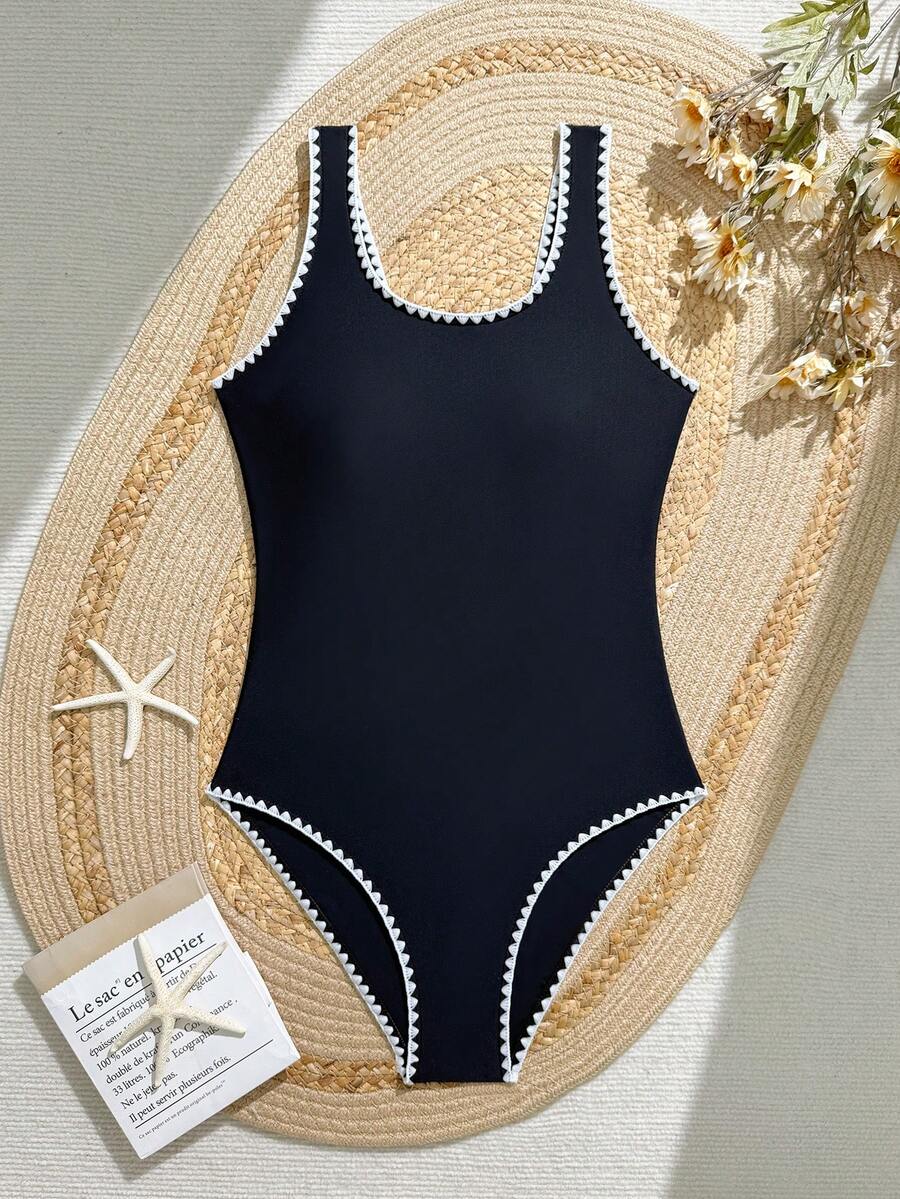 SHEIN Black One-Piece Swimsuit For Teen Girls,Nylon Fabric,White Floral Straps And Leg Cuffs,Fashionable Resort Holiday Style For Summer,Beach,Hot Spring - Black - View 1