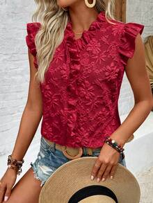 EMERY ROSE Casual Vacation & Daily Wear Ruffle Sleeve Bow Tie Printed Apricot Blouse For Women - Red - View 4