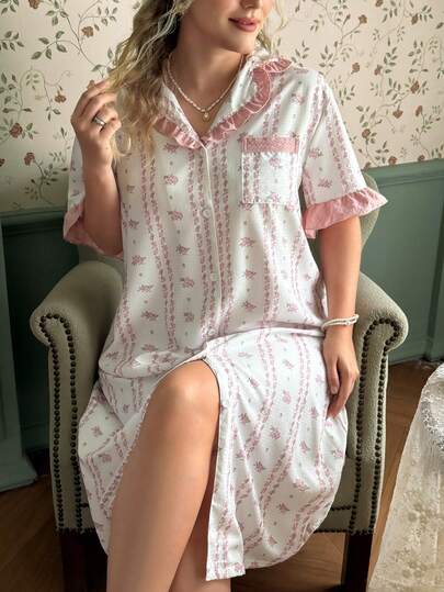 CottageSlumber Camisón largo con volantes y estampado romántico de flores y rayas para mujer de talla grande