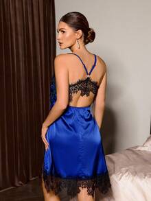 Slumberist Faux Silk Lace Patchwork Criss-Cross Backless Tie Robe & Slip Dress 2 Pieces Set For Women - Royal Blue - View 4