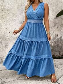 Breezaya Falda con volantes y encaje en escote en V de talla grande, vestido de burbuja casual de vacaciones con estampado de lunares jacquard de índigo azul vaquero de aspecto de mezclilla - Azul - Ver 1