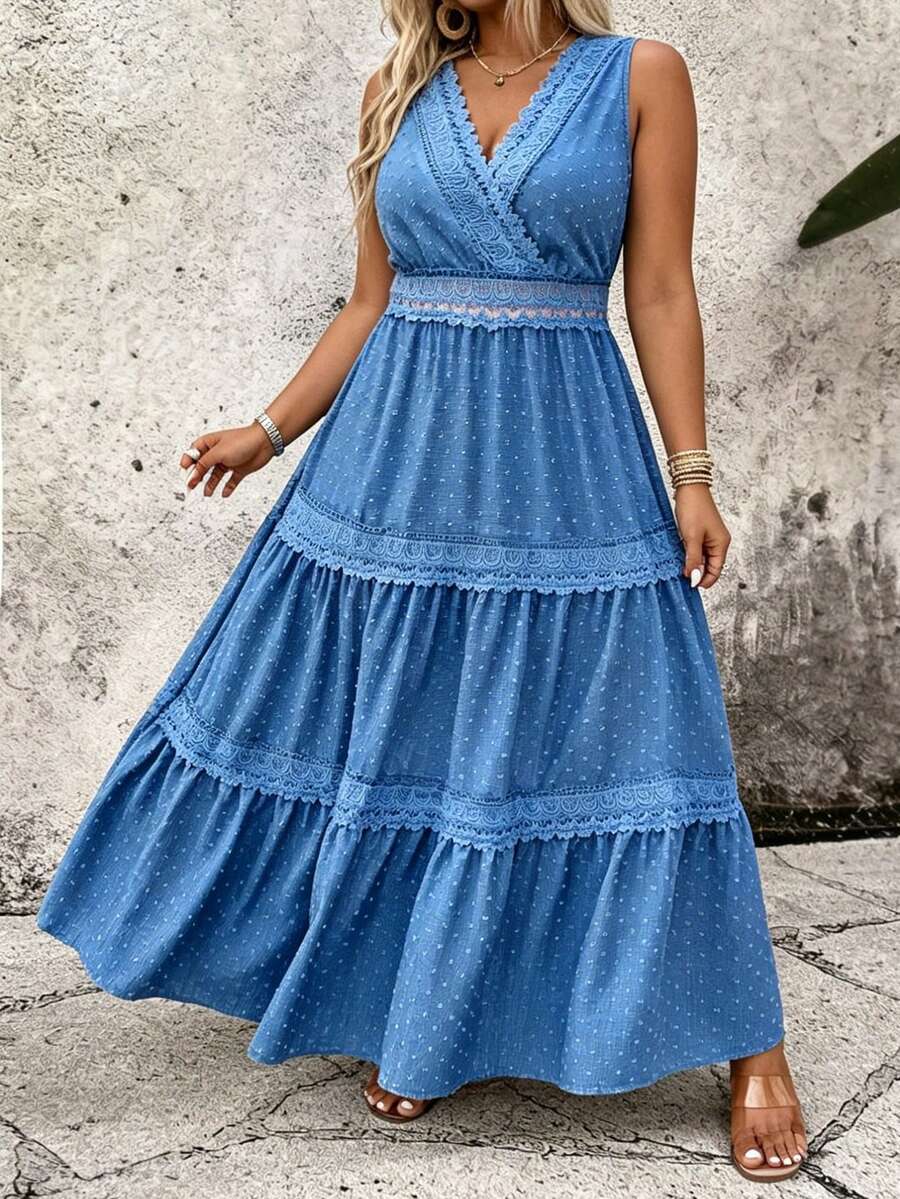 Breezaya Falda con volantes y encaje en escote en V de talla grande, vestido de burbuja casual de vacaciones con estampado de lunares jacquard de índigo azul vaquero de aspecto de mezclilla - Azul - Ver 1