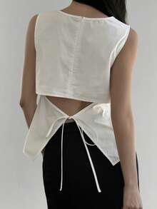 DAZY Women's Minimalist Versatile Tie Back Round Neck Blouse - White - View 1