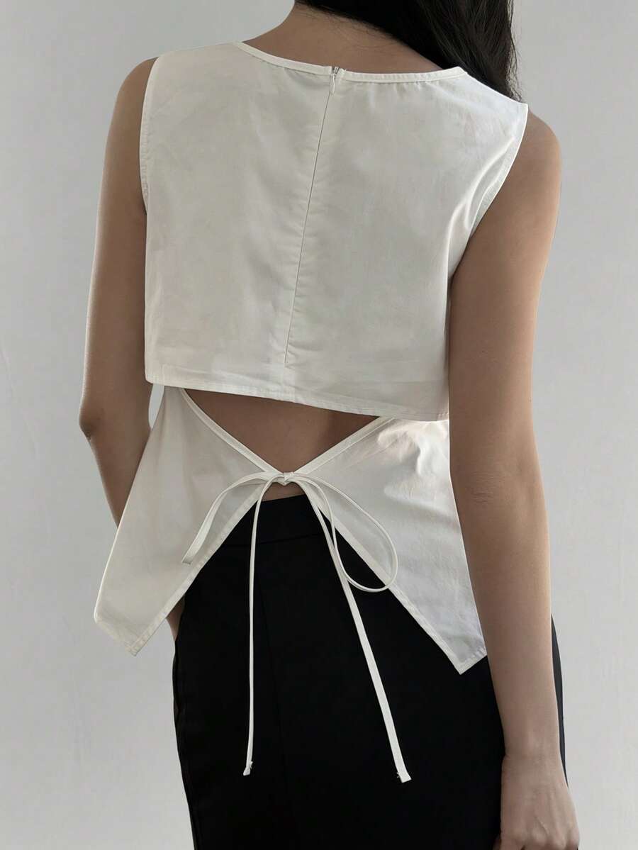 DAZY Women's Minimalist Versatile Tie Back Round Neck Blouse - White - View 1