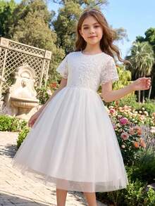 Girls White Mesh Lace Dress,Round Neck Cap Sleeve Textured Waist Elegant Summer Princess Dress,Suitable For Wedding Flower Girl Formal,Parties - White - View 1