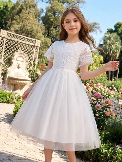 Vestido blanco de malla para niñas, vestido formal de encaje blanco con cuello redondo, manga corta y cintura texturizada, vestido de encaje blanco para niñas para primavera/verano, elegante y grácil, adecuado para bodas, fiestas, reuniones, vestido formal, vestido de princesa