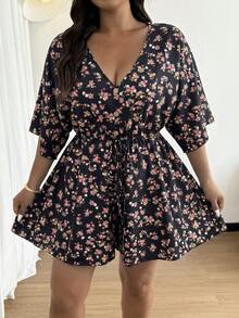 Vionelle 大码女式V领纽扣荷叶袖短袖宽松短裤优雅碎花可爱度假休闲法式连体裤 - 彩色 - 查看 5