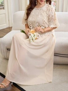 Modelyn Plus Size Women 2-Piece Set, Water-Soluble Lace Blouse Paired With Chiffon A-Line Skirt, Brown Color, Summer Elegant Fashionable Wedding Outfit - Apricot - View 4