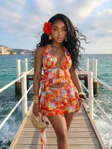 Slaydiva Bộ đồ mùa hè lấy cảm hứng từ phong cách Bohemian, gồm áo crop top xếp tầng và chân váy mini xếp ly bằng vải tuyn in họa tiết Paisley - A - Nhiều màu - Xem 10