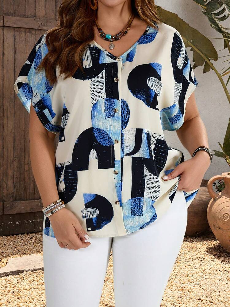 Plus Size Women's Orange Button Embellished Short Sleeve Shirt For Spring Summer Summer Outfit For Women Festival Outfits For Women Beach Outfits For Women Vacation Outfits Women Holiday Outfits  For Women Country Concert Outfit  Blouse For Women Summer Summer Blouse Summer Tops Casual Blouse For Women