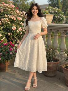 SHEIN Vestido de manga farol elegante para niñas, adecuado para primavera/verano, temporada de graduación, bodas, ocasiones diarias y fiestas - Albaricoque - Ver 1