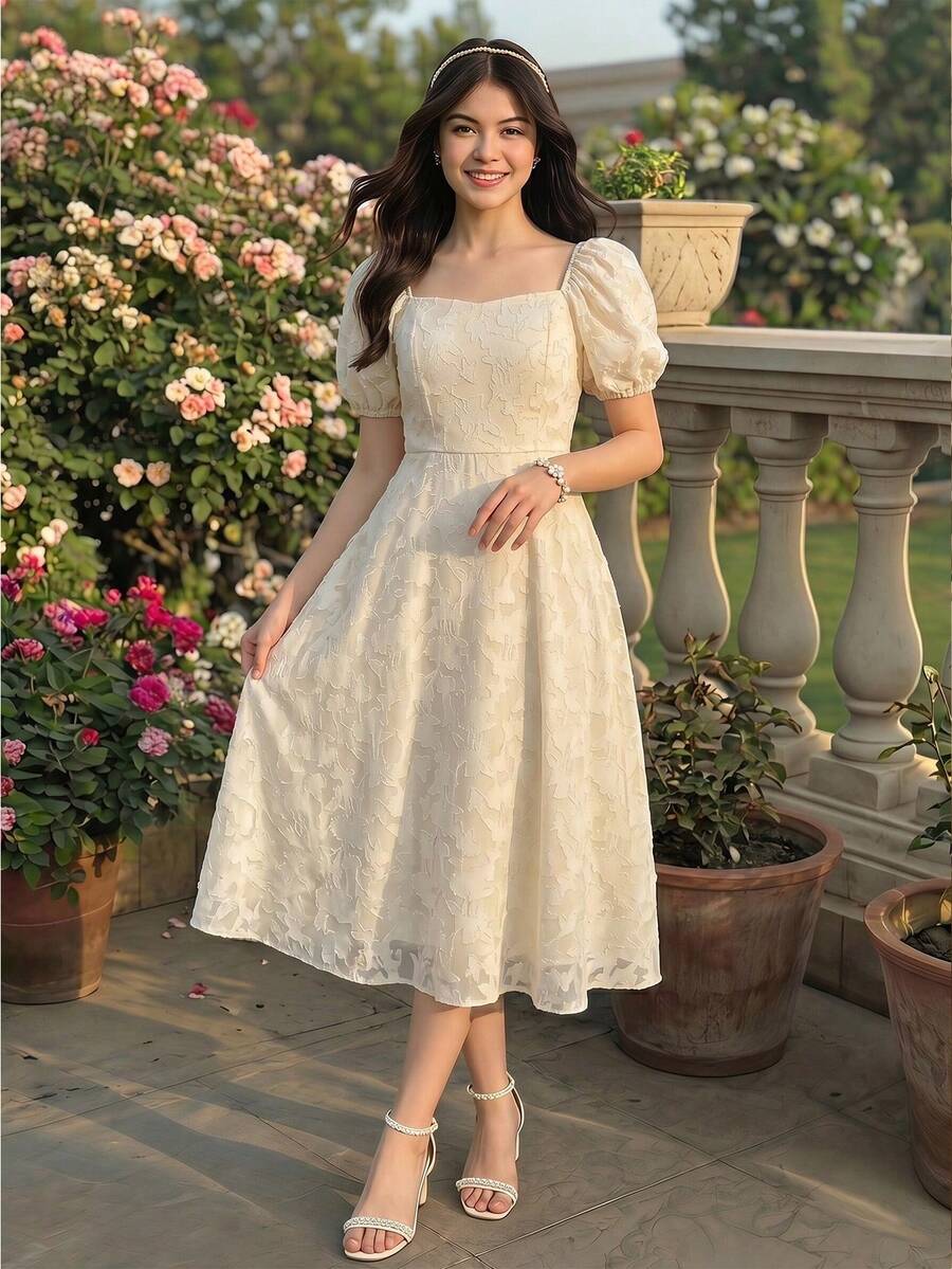 SHEIN Vestido de manga farol elegante para niñas, adecuado para primavera/verano, temporada de graduación, bodas, ocasiones diarias y fiestas - Albaricoque - Ver 1