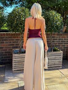 Theaadoraa Loose Textured Casual Wide Leg Pants, Summer Resort Wear, Fall Women , Vacation Women - Apricot - View 3