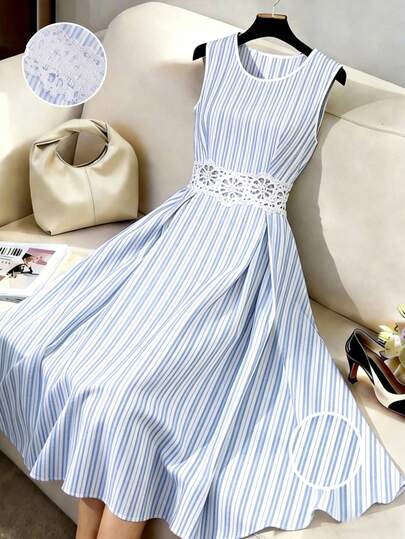 GlowEve Elegante vestido sin mangas con parches de encaje y rayas que estilizan la cintura para mujeres, nueva llegada de verano