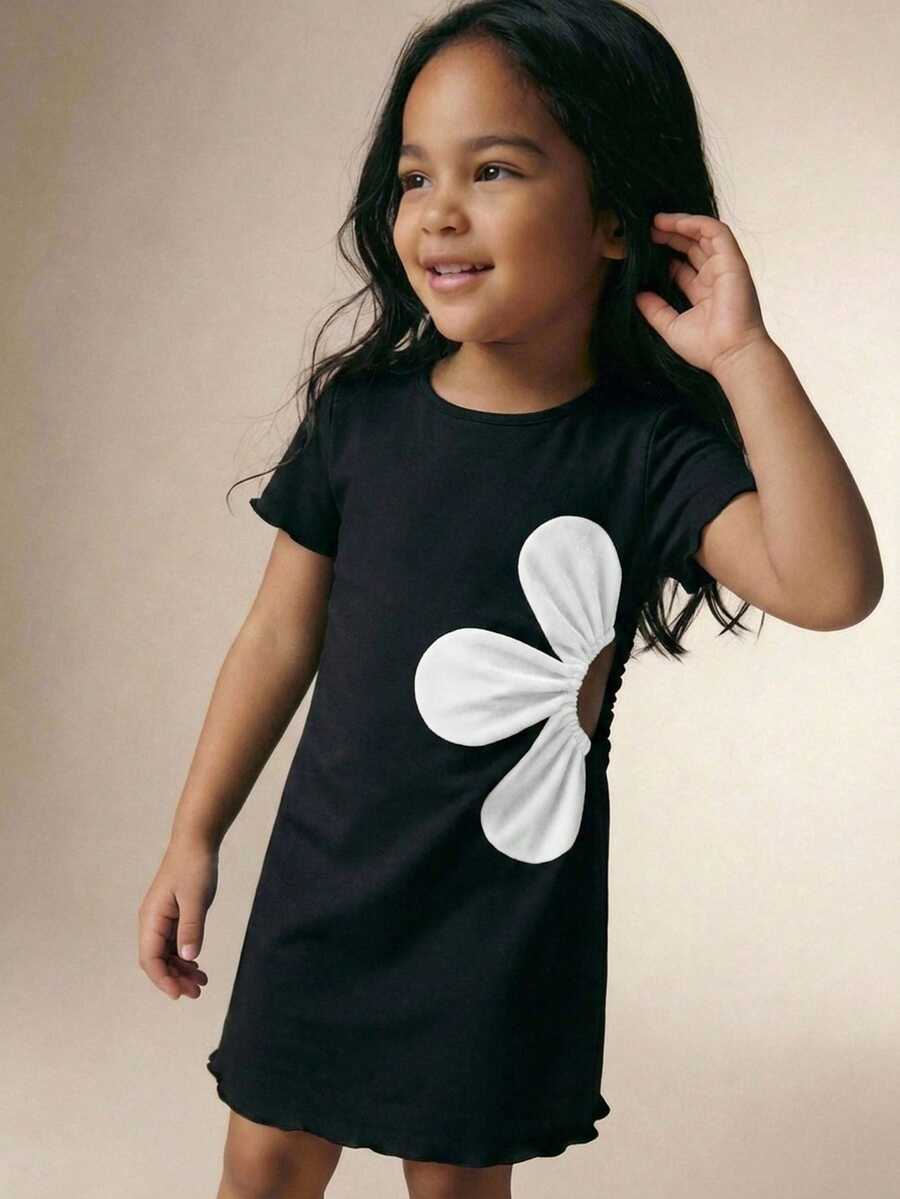Maija Kids Maija Kids 1件装少女休闲街头风修身镂空花卉装饰圆领短袖连衣裙,适合日常穿着、返校、外出、聚会、节日、春夏穿着。 - 黑色 - 查看 1