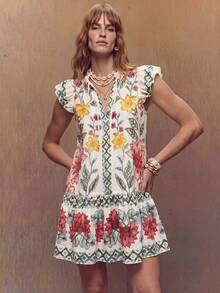 Fembélia Vestido corto con volantes en el bajo, estampado floral, primavera/verano 2026. Vestido holgado de línea A, cuello en V, manga corta - Multicolor - Ver 1