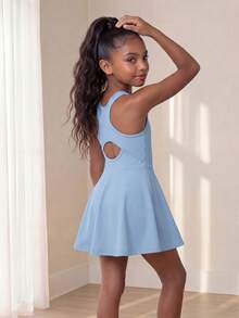 SHEIN Tween Girl Young Girls' Blue Sports Dress,Autumn Winter Casual Tennis Outfit Soft Stretchy Fabric For Exercise,Dance Practice Or Daily Play, Fall, Gym - Baby Blue - View 1